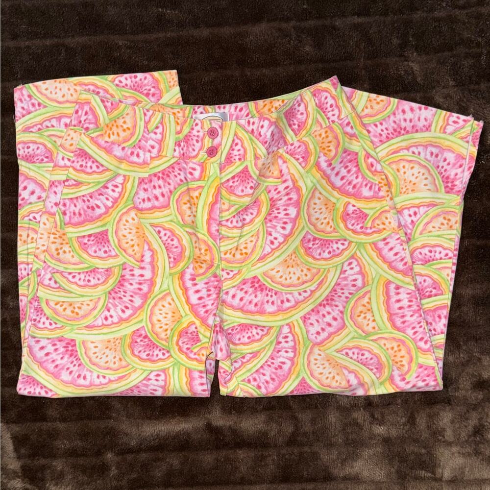 Talbots 4 Pink Green Orange Citrus Slices Fruit Print Stretch Cotton Pants